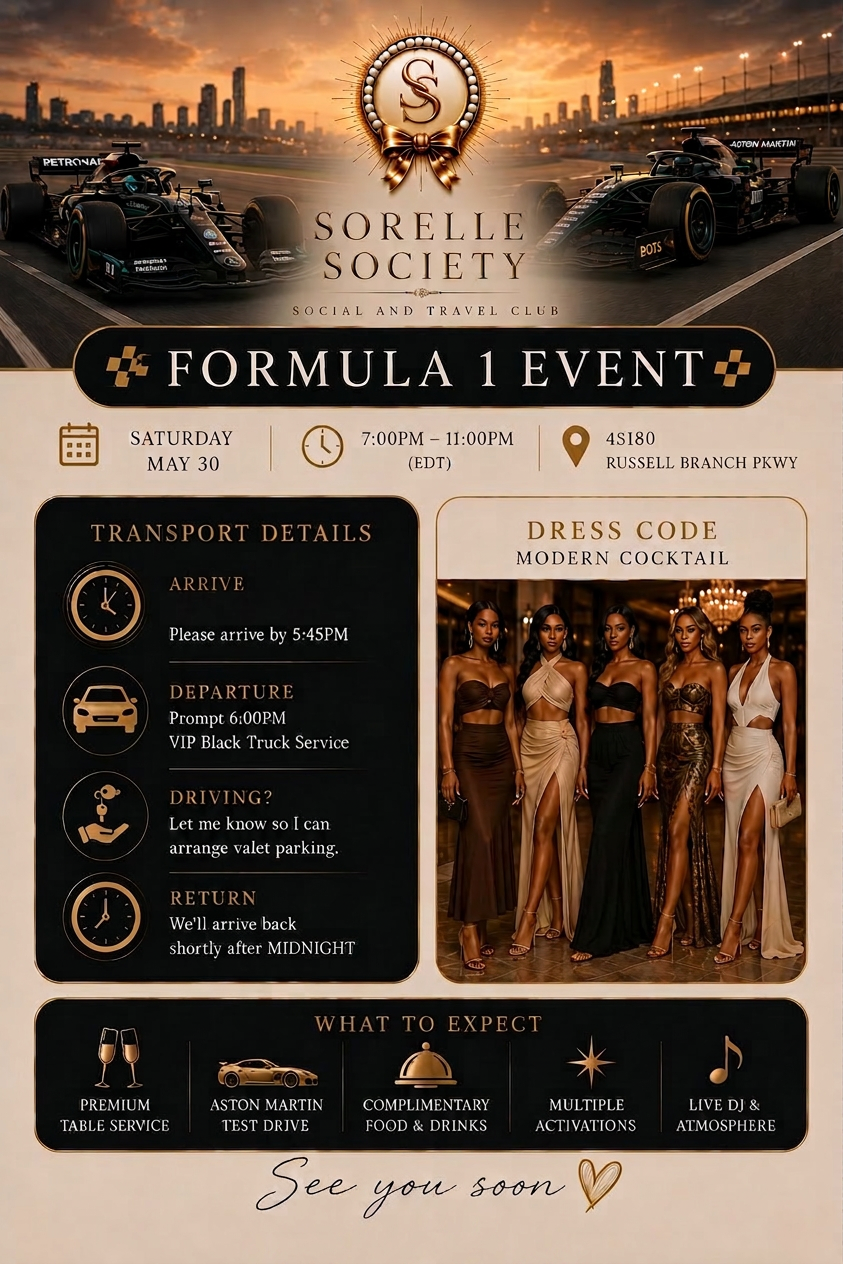 Sorelle Society — Formula 1 Event flyer, Saturday May 30, Aston Martin