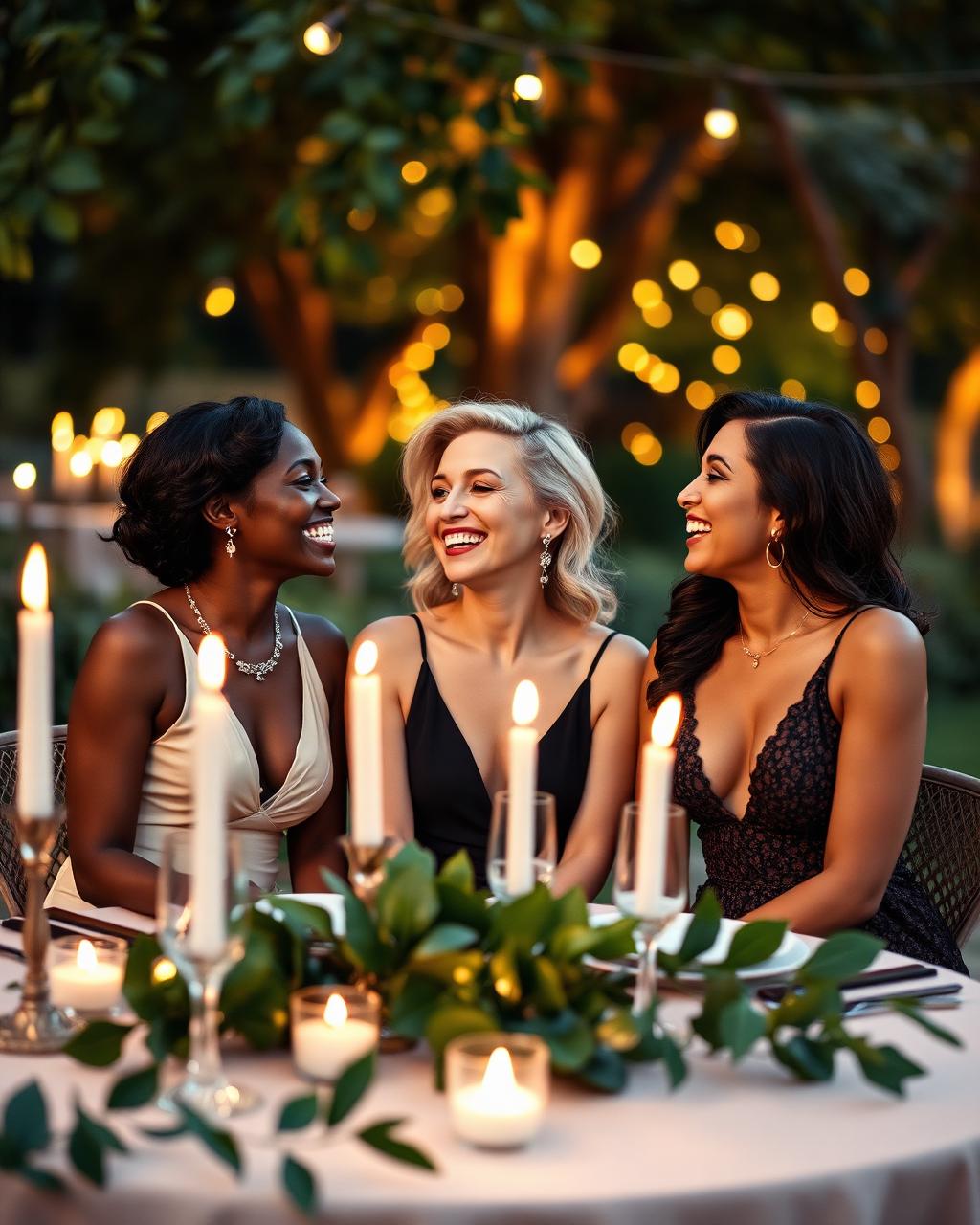 Women at a candlelit garden dinner
